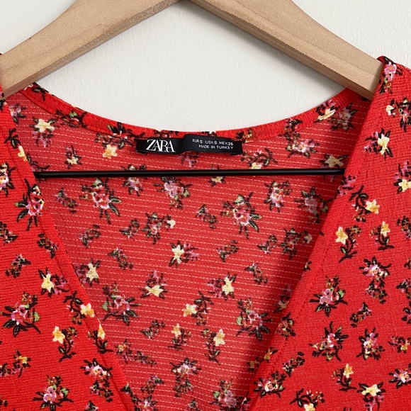 Zara Red Floral Short Sleeve Button Mini Dress - Picture 3 of 9